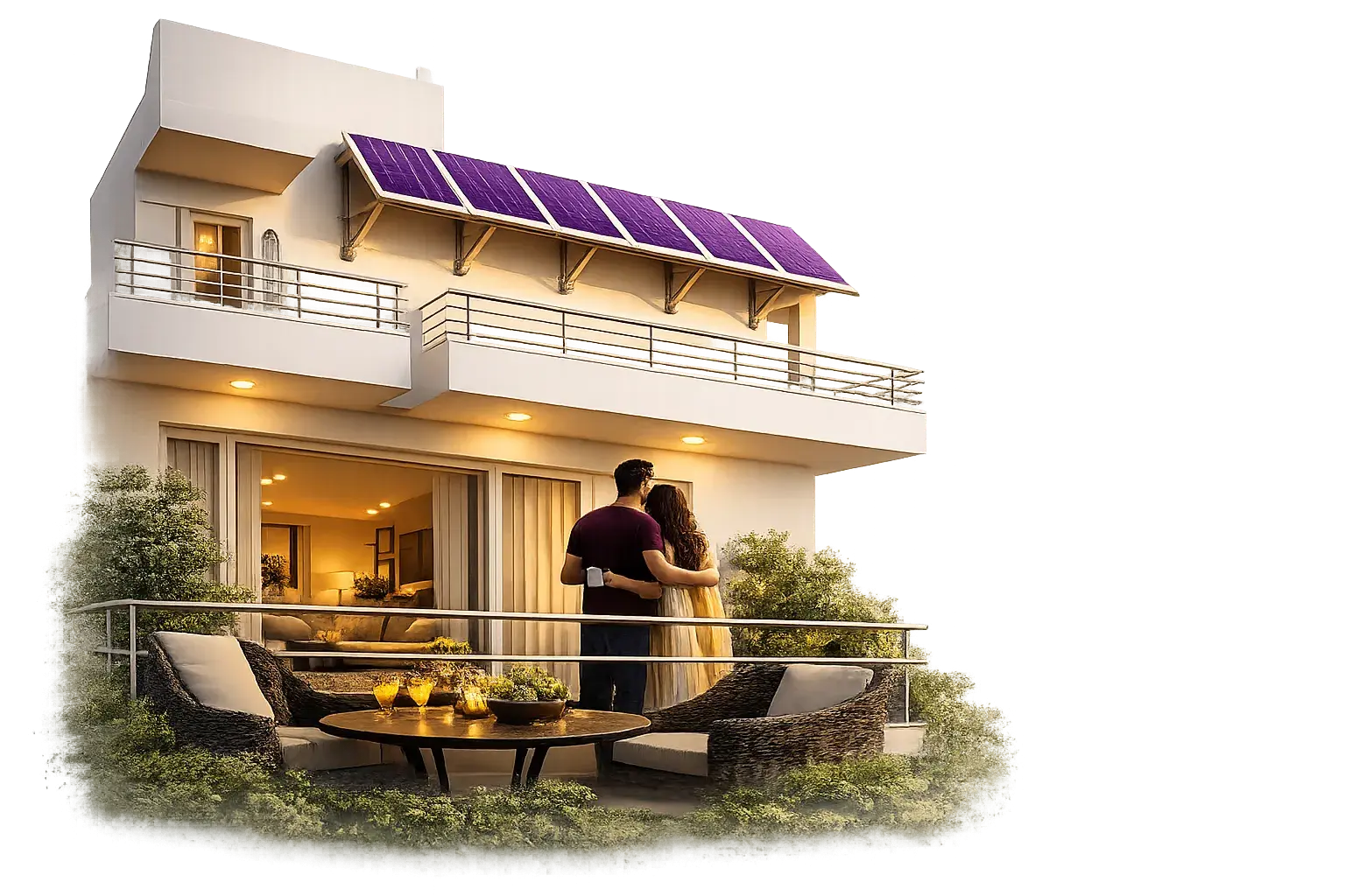 Happy couple with balcony solar panels at dusk in Delhi apartment