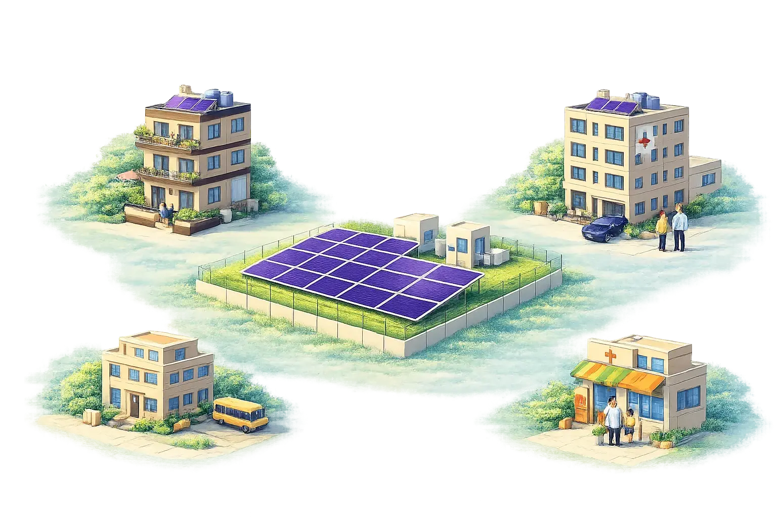 Community solar farm powering surrounding buildings