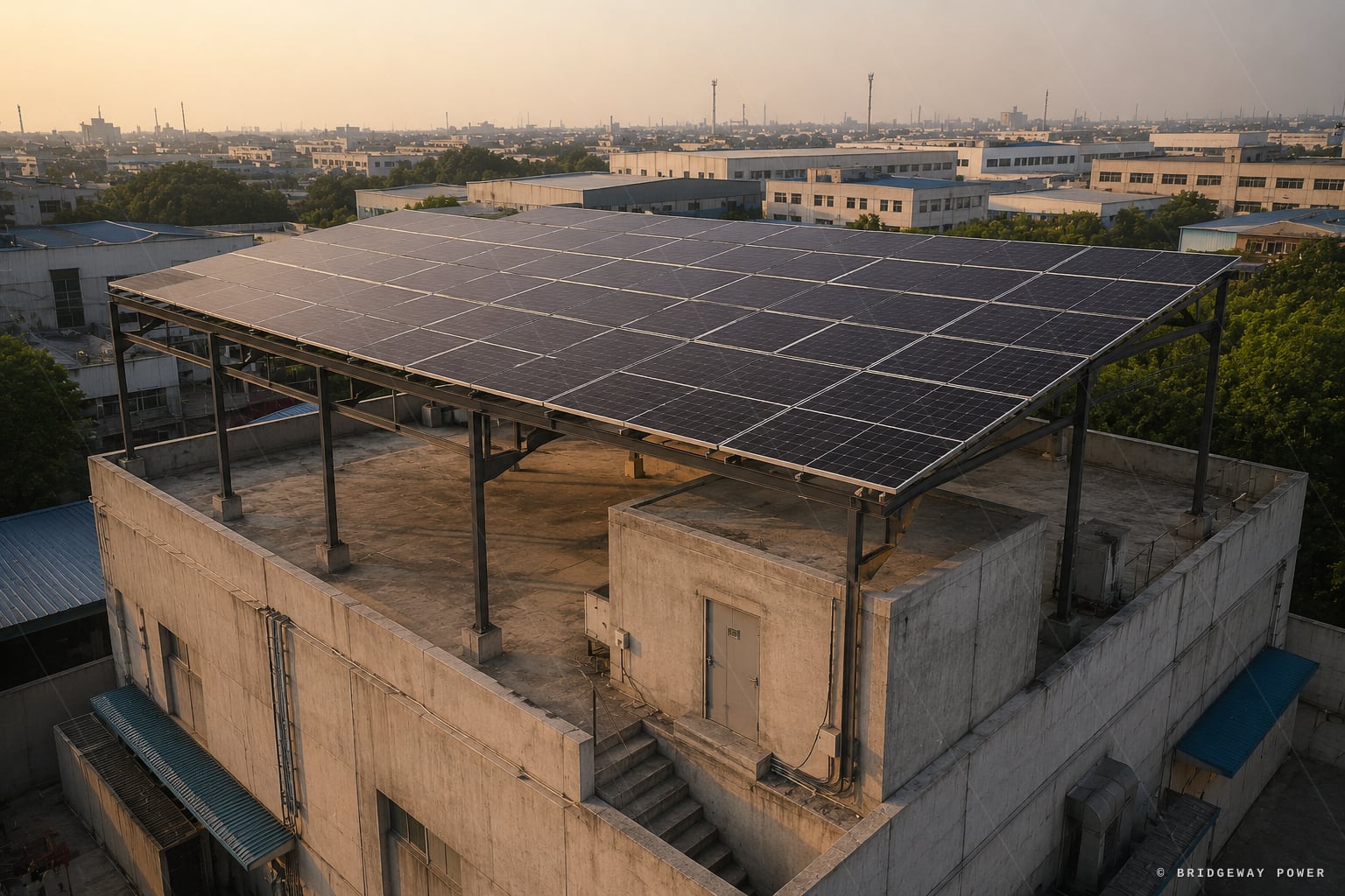 Elevated solar mounting structure raised on steel legs above a rooftop water tank in India