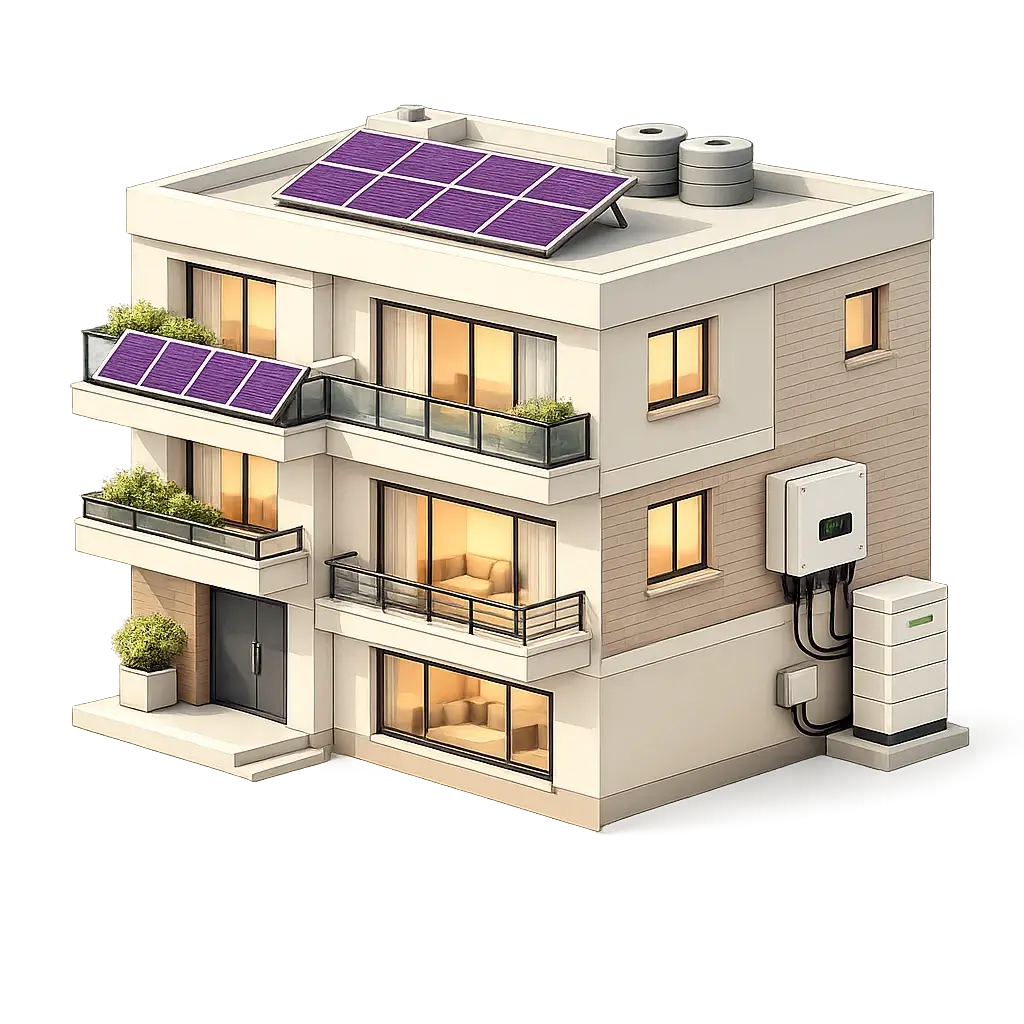Night-lit building with rooftop solar panels, hybrid inverter and battery storage system