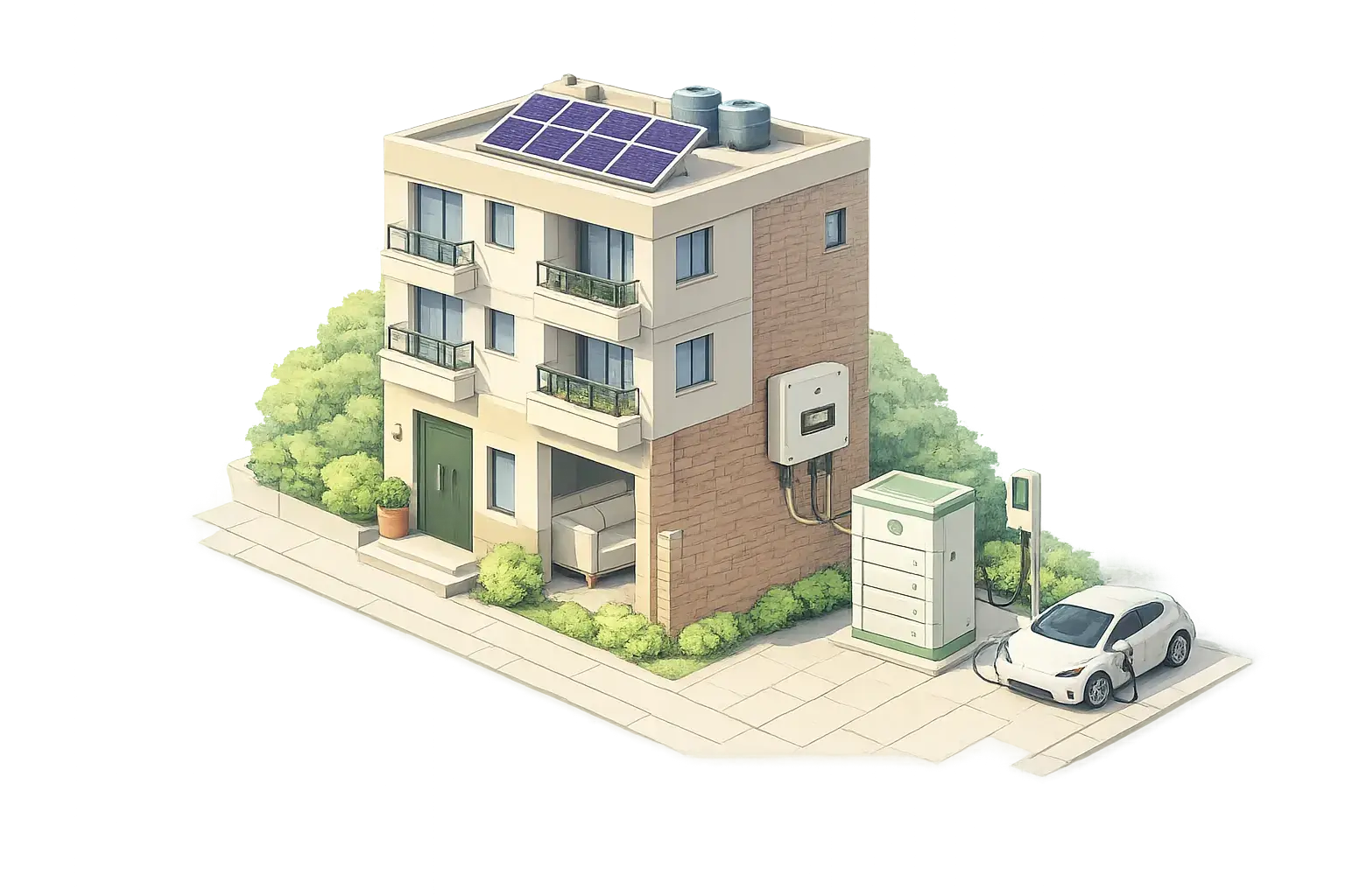 Delhi NCR farmhouse with rooftop and ground-mount solar, lights on at dusk