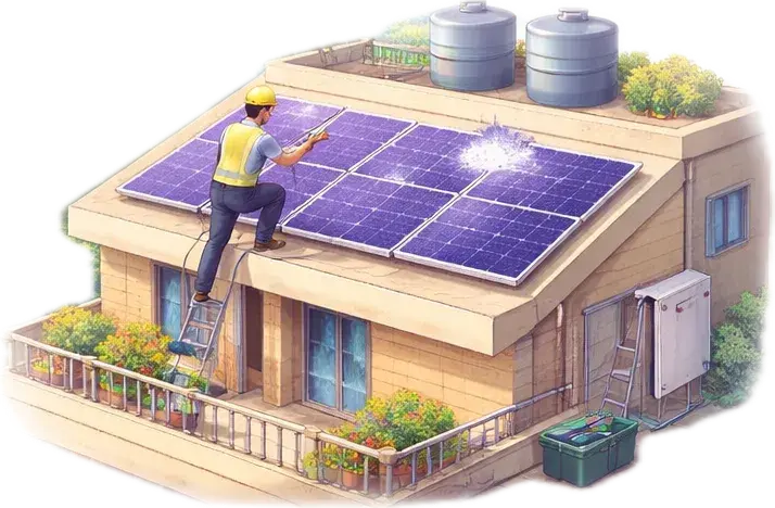 Technician cleaning rooftop solar panels in Delhi NCR