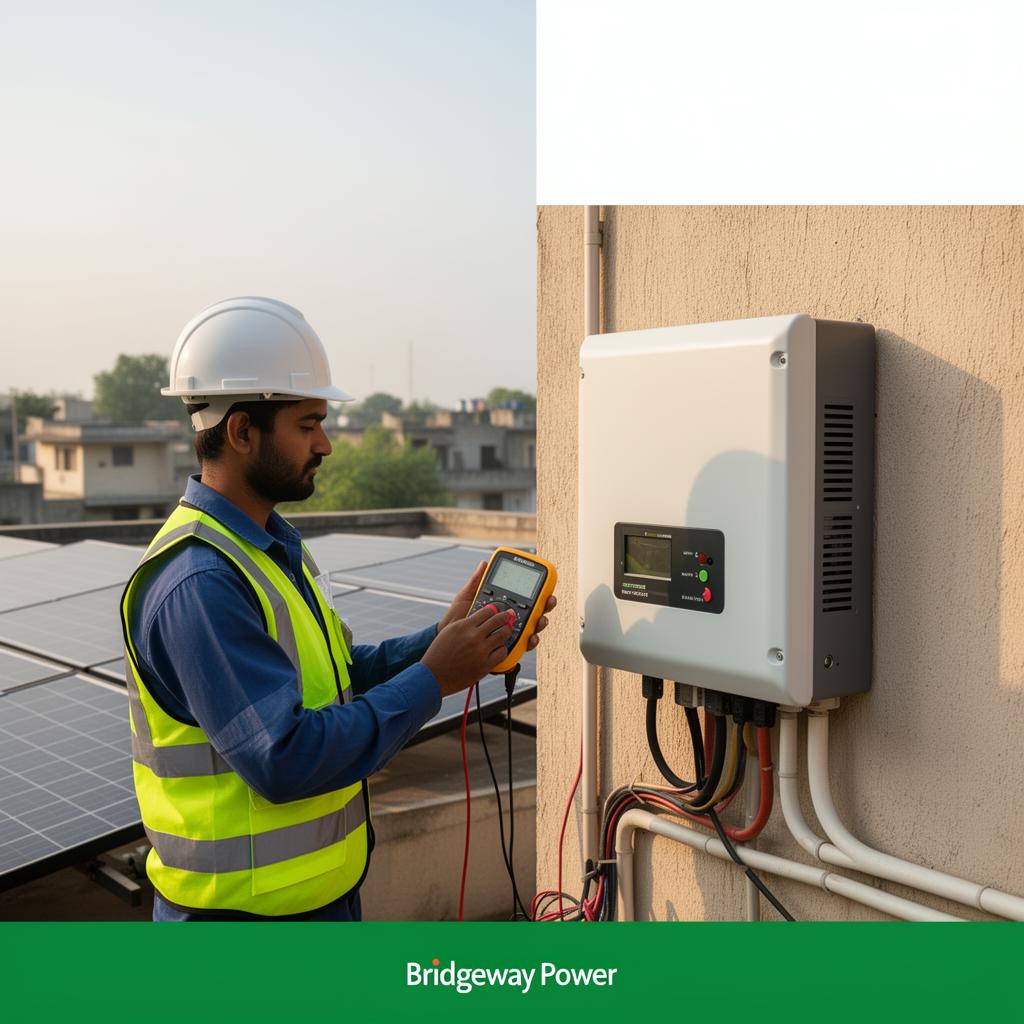 Bridgeway technician diagnosing a rooftop solar inverter with a multimeter