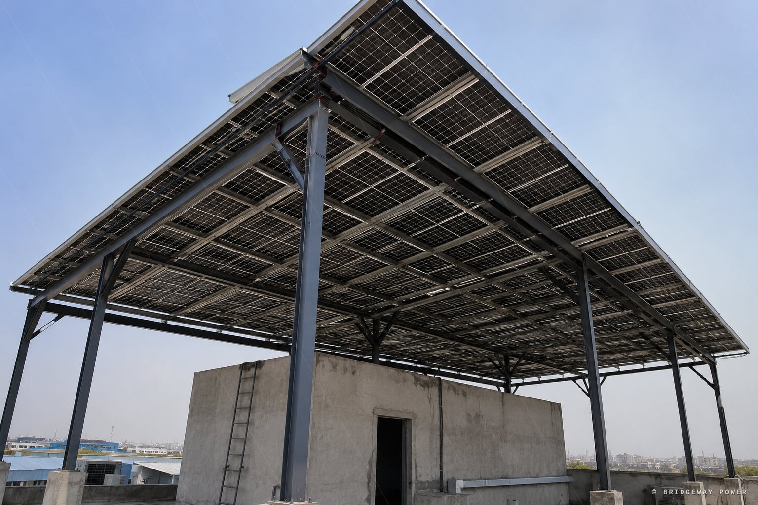 Solar pergola structure providing shade and rooftop power generation in India