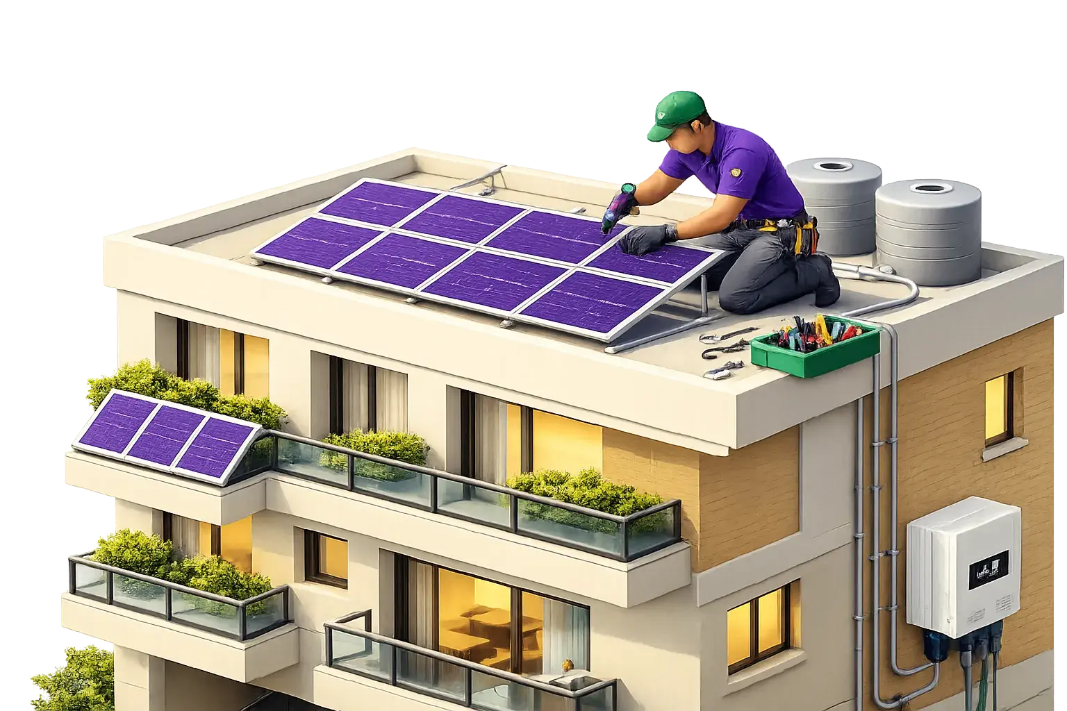 Bridgeway technician on rooftop servicing solar array